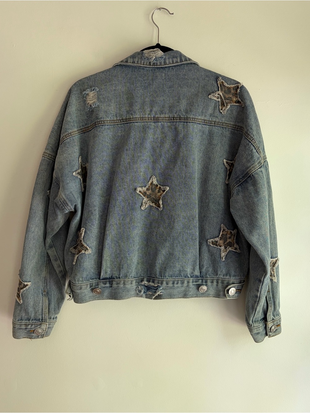 POL Animal Print Star Patch Distressed Denim Jacket Size S - Picture 5 of 7